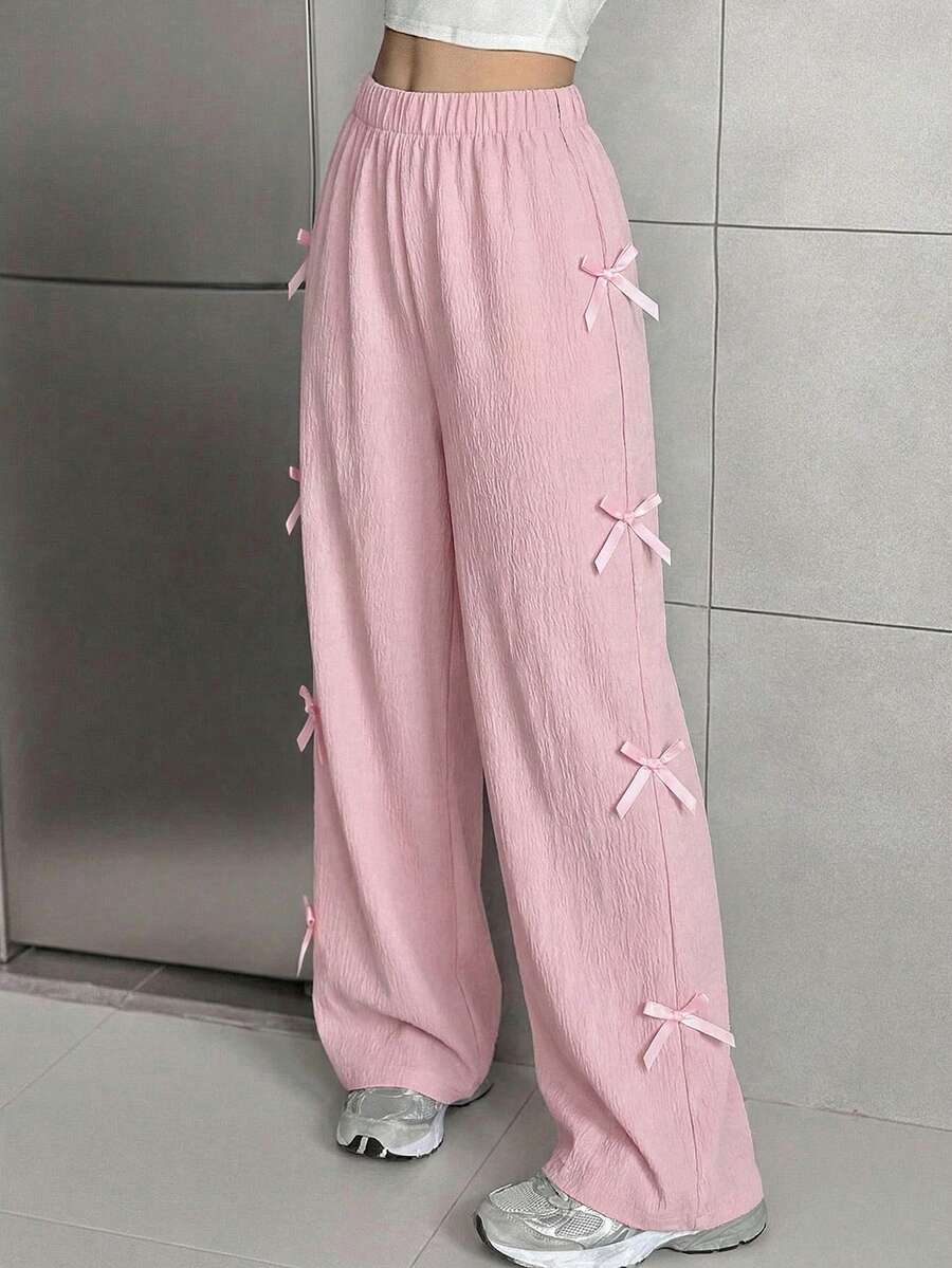 SHEIN Tween Girls Ribbon Bow Decor Loose Fit Black Casual Pants, Versatile Streetwear - Pink - View 1