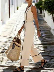 Breezaya 这款多功能都市商务宴会办公通勤情人节约会派对海滩休闲优雅经典V领无袖收腰长款连体裤，专为女性设计。 - 杏色 - 查看 4