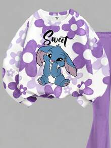 Set de 2 piezas de sudadera de manga larga con cuello redondo de ajuste holgado con estampado floral degradado morado y conejo azul de estilo kawaii para niña, adecuado para otoño/invierno, vuelta al colegio, estilo 2000, ropa Y2K - Multicolor - Ver 6