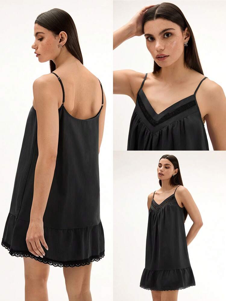 Black Floral Embroidered Lace Trim Sexy Nightdress