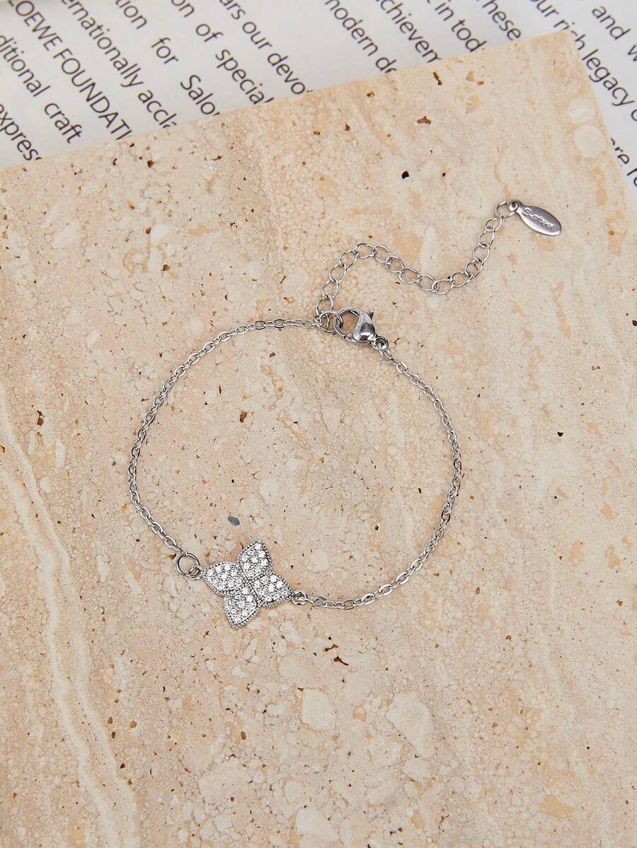 Enchnt 1 chiếc vòng tay thời trang đính đá Zirconia nguyên khối bốn bông hoa dành cho nữ ngày lễ tình nhân, mẹ, mẹ, ngày của mẹ, quà tặng - Bạc - Xem 1