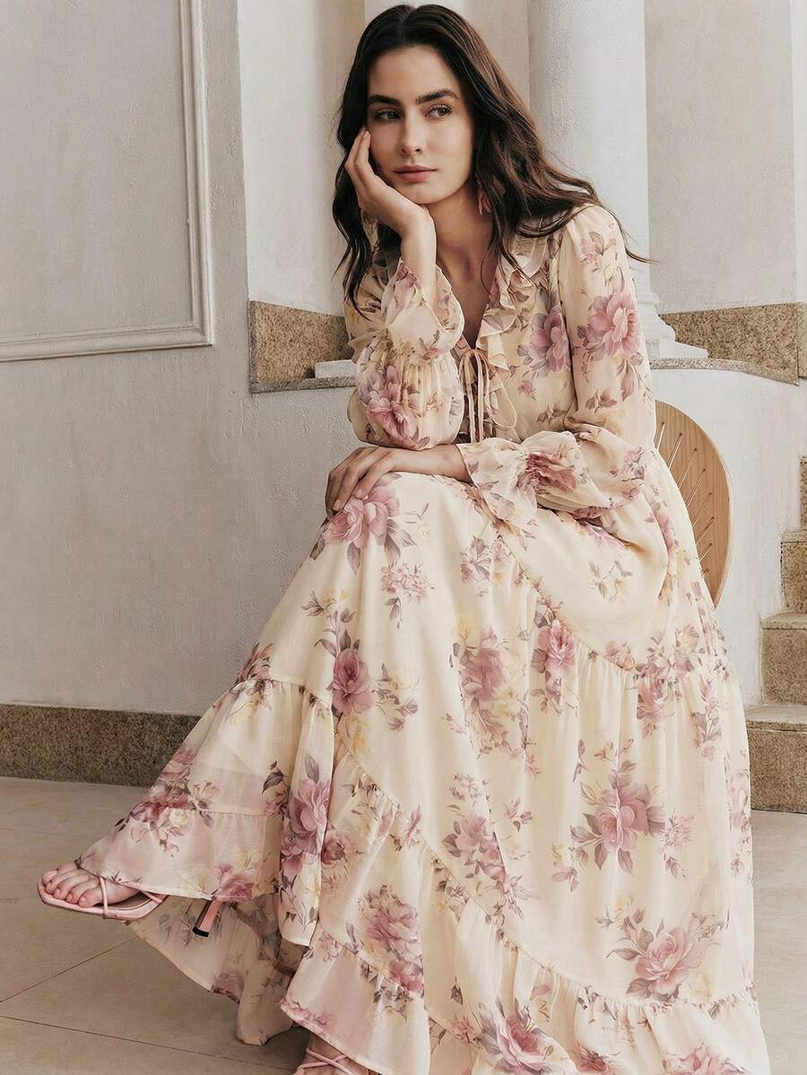 Anewsta New Arrival Spring/Summer Romantic Flowy Deep V-Neck Ruffle Hem Floral Print Maxi Dress For Women - Apricot - View 1