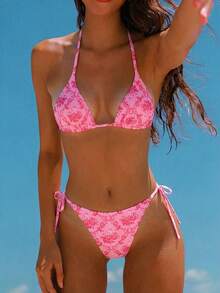 Swim Mod 女士印花露背系带比基尼套装，泳衣上装和下装两件套，适合海滩度假 - 彩色 - 查看 1