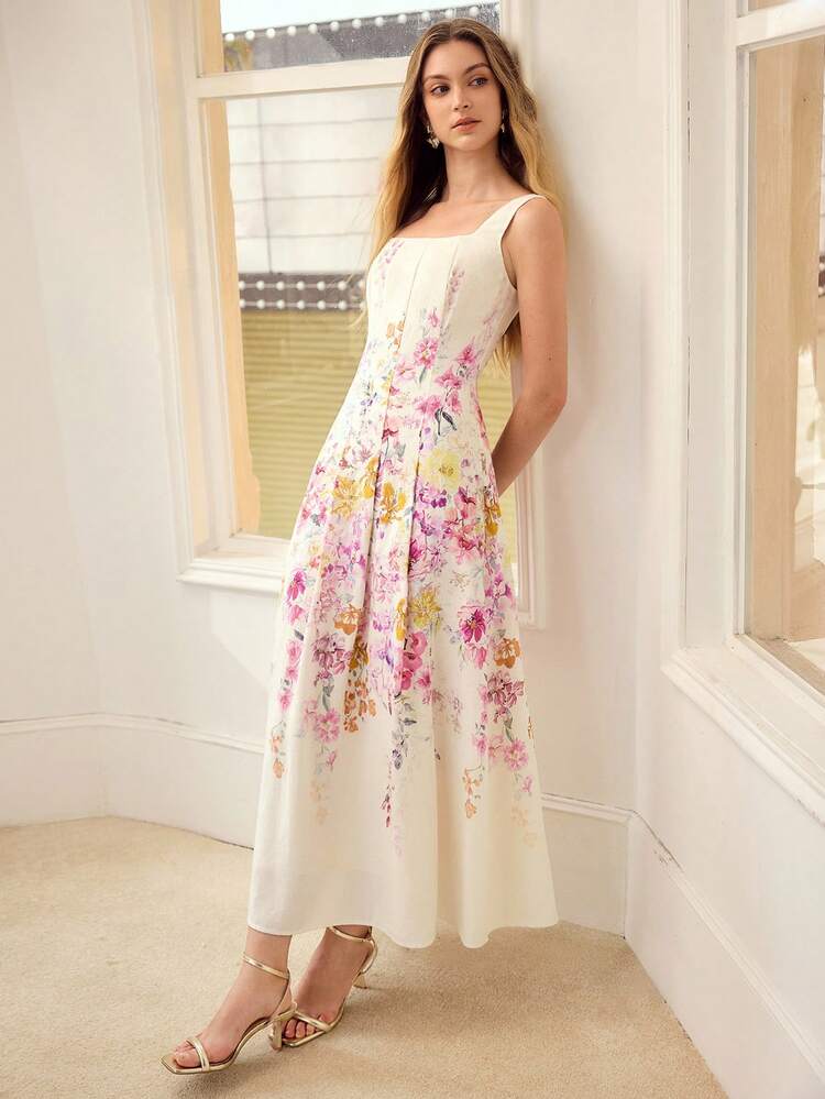 WOMEN'S SQUARE NECK SLEEVELESS FLORAL PRINTED FOLD PLEATED DRESS, SUITABLE FOR DATES AND VACATIONS, SPRING/SUMMER