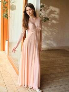 MOTF PREMIUM LACE & SATIN PATCHWORK LONG NIGHTGOWN, SPRING/SUMMER - Dusty Pink - View 5