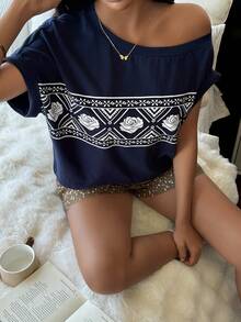 DAZY 2 Stück/Set Damen Locker Sitzende Ditsy Blumen Asymmetrischer Ausschnitt Kurzarm T-Shirt und Shorts Pyjama Set, Sommer - marineblau - Übersicht 4