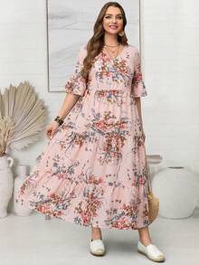 EMERY ROSE Gaun Lengan Ruffle Motif Bunga Ukuran Plus untuk Santai, Pakaian Musim Semi untuk Wanita, Pakaian Liburan Tropis Wanita Musim Gugur - Dusty Pink - View 3