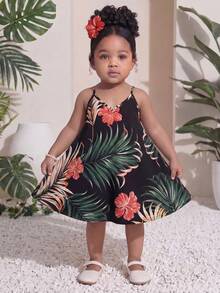 SHEIN Đầm hai dây in họa tiết cây nhiệt đới cho bé gái - màu đen - Xem 5