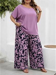 SHEIN CURVE+ Curve 尺码 US22 音乐节、海滨度假、波西米亚风两件套女士度假宽松衬衫和碎花长裤套装 夏季套装 - 紫色 - 查看 4
