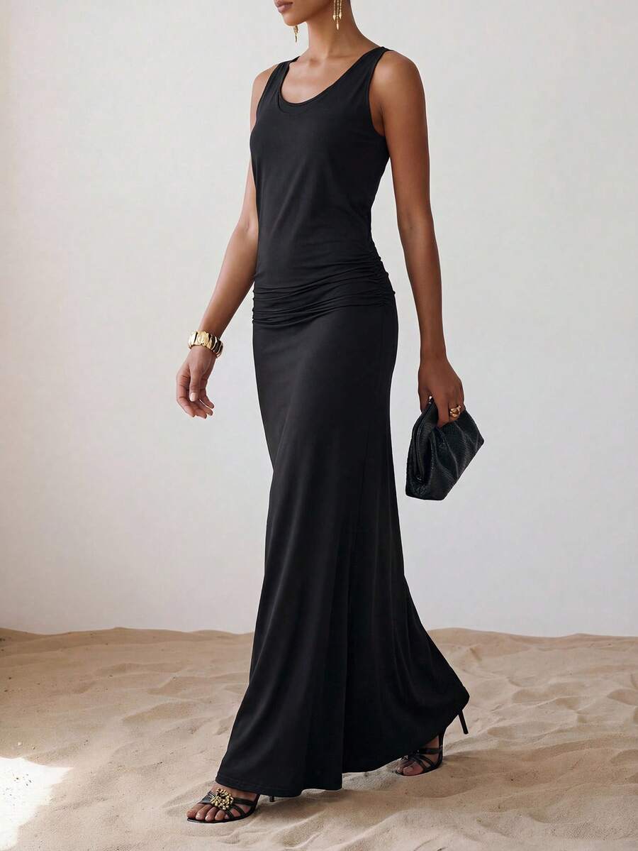 Zivah 2026 Casual Linen U-Neck Splicing 2 In 1 Knitted Black Long Dress For Vacation - Black - View 1