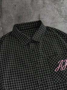 AXEPEAK 男士字母刺绣格子短袖单排扣衬衫 - 黑色 - 查看 4
