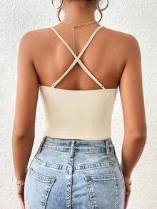 SHEIN Essnce Women's Solid Color Ruched Fitted Camisole,Summer Top - Beige - View 2