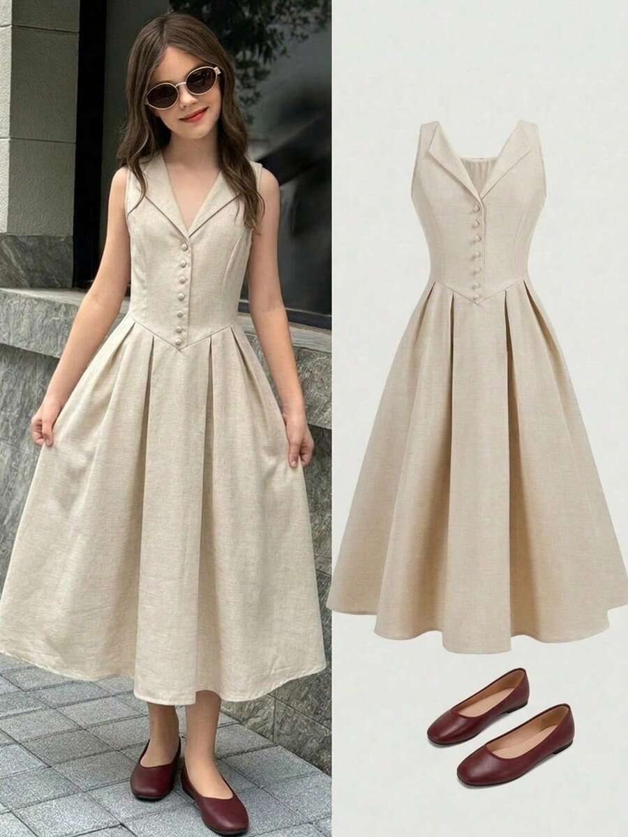 SHEIN 少女通勤优雅简约无袖连衣裙 - 卡其色 - 查看 1