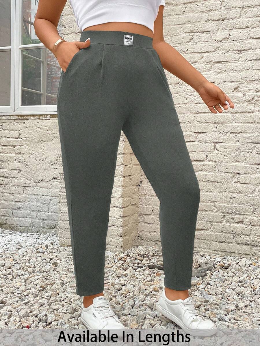SHEIN PETITE CURVE Plus Size Women's Letter Embroidered Tapered Casual Pants - Volcanic Gray - View 1