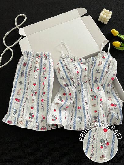 Resyla Women's Strawberry Pattern Frill Trim Camisole And Shorts Casual 2 Pieces Set