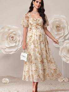 SHEIN 孕妇碎花荷叶边短袖优雅连衣裙 - 黃色 - 查看 5