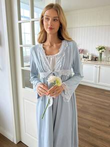 Snug Reverie Romantic Lace Patchwork V-Neck Long Cardigan With Flare Sleeves, Women Sleepwear - Mint Green - View 5