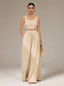 SHEIN Tall Casual Khaki Two Piece Outfit For Women With Scoop Neck Camisole Top And Long Plain Woven Pants Set Tall Two Piece Set Two Piece Set Linen Two Piece Set Beige Two Piece Set - Khaki - View 7