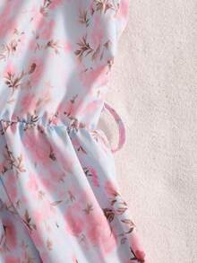 少女圆领印花褶皱腰带系带休闲度假连衣裙 - 藍色 - 查看 8