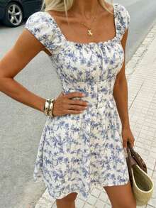 Pariaura Vintage Sweet White With Blue Floral Print Dress - Square Neck Puff Sleeve Smocked Waist A-Line Hem Spring Summer Fresh Mini Dress Elegant Slim-Fit White With Blue Floral Print Dress - Square Neck Puff Sleeve Smocked Waist A-Line Hem Spring Summer Versatile Mini Dress Playful Vibrant White With Blue Floral Print Dress - Square Neck Puff Sleeve Smocked Waist A-Line Hem Spring Summer Retro Mini Dress - Blue - View 4
