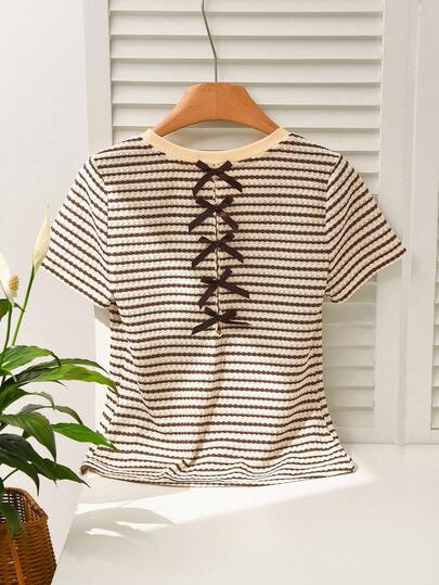 CosyJoli Casual Comfortable Women's T-Shirt, Spring/Summer Fitted Striped T-Shirt With Bow Back, Apricot & Coffee Striped Short Sleeve T-Shirt Summer Tops Summer Outfits For Women Festival Outfits For Women Beach Outfit For Women Casual Blouses For Women Holiday Outfits For Women Country Style For Women Brown Top