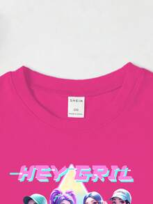 Elladie kids 女童休闲时尚创意个性清新简约可爱虚拟女团彩色五角星图案字母标语印花短袖T恤裙，舒适日常穿着，适合春、夏、秋季穿着。 - 玫紅色 - 查看 4