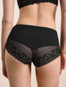 對比花邊平角褲式女性內衣 - 黑色 - 查看 2