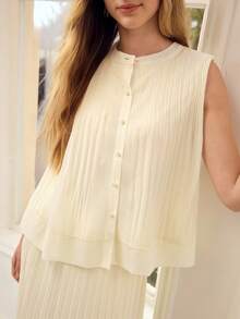 MOTF PREMIUM 2 PEÇAS/CONJUNTO Top REGATA PLISSADA E SAIA MARFIM PARA MULHERES, ADEQUADO PARA USO DIÁRIO E ENCONTROS, PRIMAVERA/VERÃO - Damasco - Visão 3