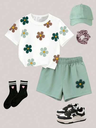 Bộ 2 món cho bé gái tuổi teen, áo thun cổ tròn tay ngắn dáng rộng mềm mại, áo thun in hoa và quần short màu trơn, thích hợp mặc hàng ngày vào mùa xuân và mùa hè, trang phục dễ thương cho mùa xuân, áo sơ mi nữ mùa hè, áo dễ thương, trang phục mùa xuân kiểu Hàn Quốc