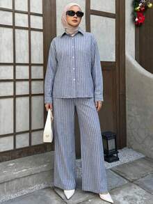 DAZY 蓝色条纹长衬衫和直筒裤两件套，春夏休闲家居服套装，女士 - 藍色 - 查看 3