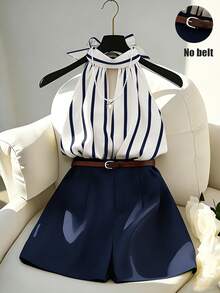 Airaco Top sin espalda con cuello de halter a rayas verticales azul y blanco + Pantalones cortos de pierna ancha azul marino, conjunto de 2 piezas para ir al trabajo - Azul Marino - Ver 3