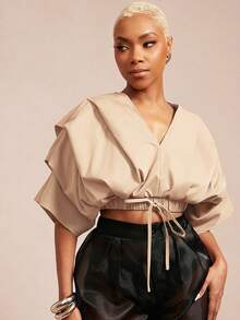 Vixey Solid Woven Pleated Structured Sleeve Drawstring Waist Top - Apricot - View 1