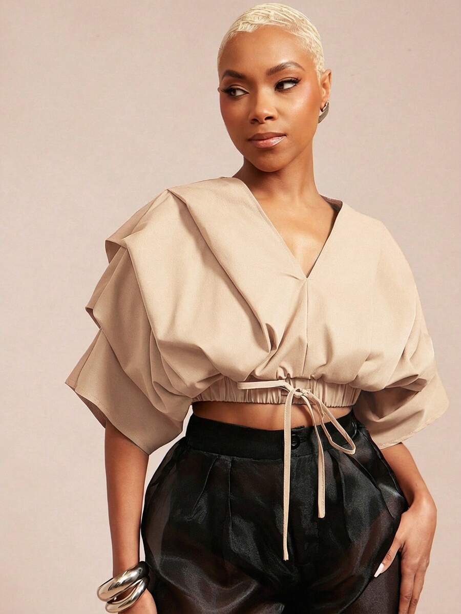 Vixey Solid Woven Pleated Structured Sleeve Drawstring Waist Top - Apricot - View 1