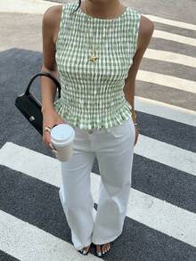 Siren Gaze 夏季优雅休闲格纹上衣，绿色，无袖荷叶边褶皱吊带背心，适合海滩度假派对穿着。这款绿白格纹夏季上衣，是女士夏季上衣、休闲衬衫、夏季服装和夏季套装的理想之选。 - 薄荷綠 - 查看 4