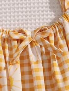 Tween Girl Daisy Pattern Plaid Print Bow Tie Camisole And Casual Pants Set - Yellow - View 8