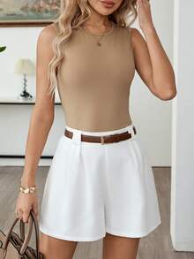 EMERY ROSE 2026 Neuer Früh-Sommer Französischer eleganter Modestil brauner schmeichelhafter Top + Elastischer Taille weiße weite Shorts Set, Lässiger täglicher Urlaubsoutfit für Frauen - Verschiedenfarbig - Übersicht 1