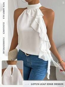 SHEIN Clasi Blusa con cuello de halter con volantes de unicolor, blusas sin mangas - Blanco - Ver 5