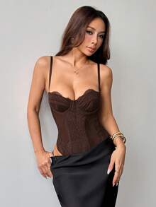 SHEIN PETITE Débardeur en dentelle noire à bretelles fines, top sexy pour le Nouvel An, body, tenue de femme pour le Nouvel An, corsets pour femmes - Tabac - Voir 3