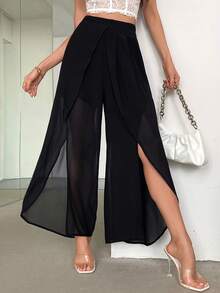 SHEIN PETITE CURVE Pantalon élégant taille haute pour femmes grandes tailles, avec ourlet asymétrique et détails de fente, léger et gracieux, convient pour le travail et les vacances d'été - Noir - Voir 10