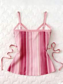 Glimmora Women's Striped Contrast Lace Camisole Top - Multicolor - View 2