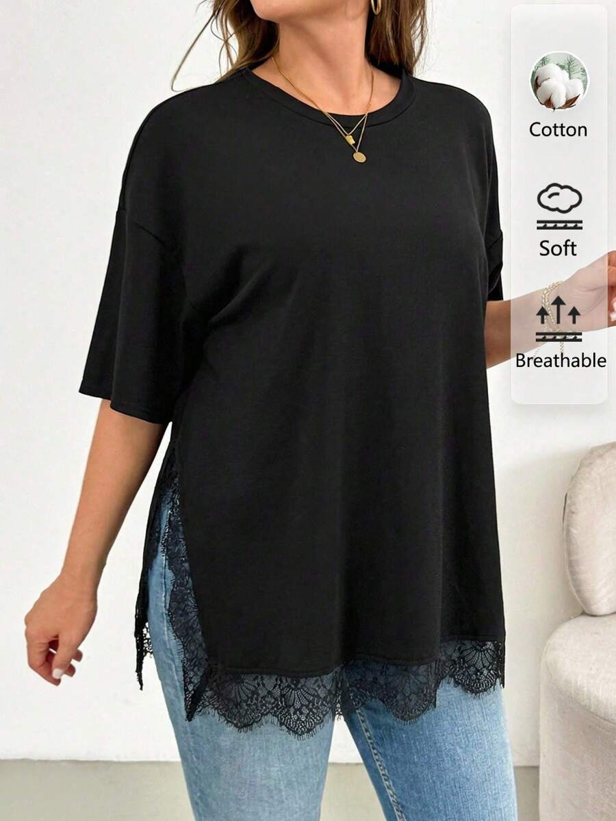 SHEIN Essnce Áo thun ngắn tay xẻ tà viền ren màu đen dành cho nữ cỡ lớn - màu đen - Xem 1