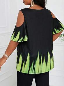 SHEIN Lady Camiseta de manga corta con cuello redondo y hombros descubiertos con estampado gráfico, para mujer de talla grande, blusas y tops de verano para mujer, blusas para mujer de talla grande, blusas con hombros descubiertos, blusas con estampados, tops de talla grande para mujer, blusas para mujer de talla grande, ropa de verano para mujer de talla grande, tops de talla grande Linhara, tiendas de ropa de talla grande para mujer en línea - Multicolor - Ver 2