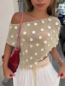 Aloruh Women's White Polka Dot Summer Boho Tropical Vacation Sequin Decorated Cover-Up,Knit Sparkly Asymmetrical Off The Shoulder Tube Top,Beach Festival Top - Apricot - View 4