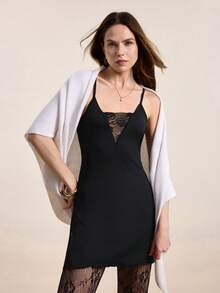 Hourtrue Tương phản Ren Xà lách Viền Cami Pyjama Váy ngủ - màu đen - Xem 1