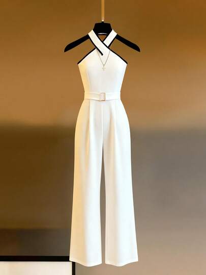 Women's Elegant Commuter Halter Wide Leg Jumpsuit, Summer