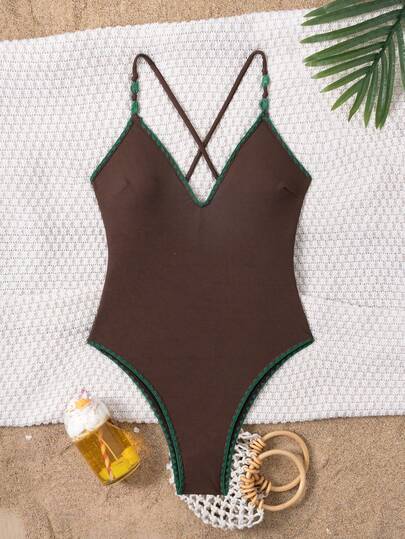 Swim Chiccia Women's Floral Trim Fashion Spaghetti Strap One-Piece Swimsuit