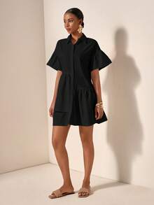 Zivah Vestido de vacaciones de manga corta con volantes en el bajo y botones delanteros de unicolor, para verano - Negro - Ver 6