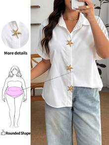 Enliva Plus-Size Women's Casual Loose-Fitting Shirt, Short-Sleeved White Shirt With Metal Star Buttons, For Apple And Rounded Body Shape - White - View 1