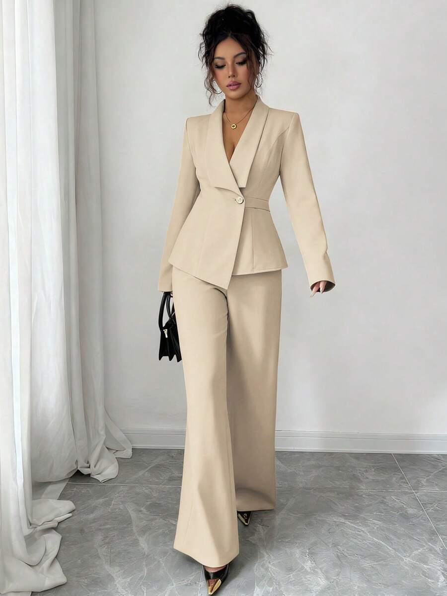 Elenzga Bộ vest nữ, vải vest, cổ ve áo, tay dài, cạp chun, dáng chữ A, viền bất đối xứng, trang trí nút kim loại, tinh tế và thanh lịch, phù hợp cho công sở, đi làm, phong cách đường phố, lãng mạn kiểu Pháp, thường ngày, cổ điển Trung Đông, trà chiều, tiệc tùng, lễ tạ ơn, trở lại trường, xuân/thu/đông - Màu Khaki - Xem 1