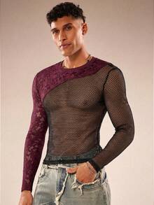 FeverCity 男士街头性感蕾丝网眼拼接长袖T恤 - 彩色 - 查看 5